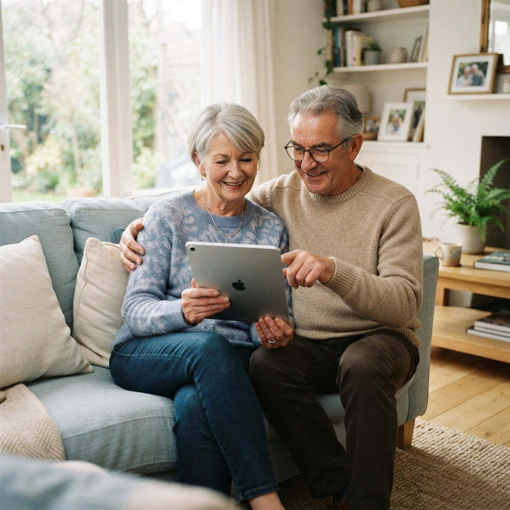An older couple reviewing a tablet together at home